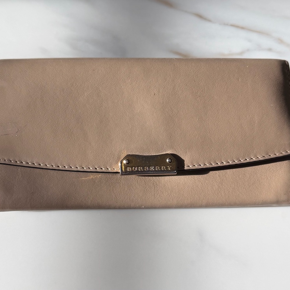 Burberry Taupe Leather Wallet with Gold-Tone Plaque